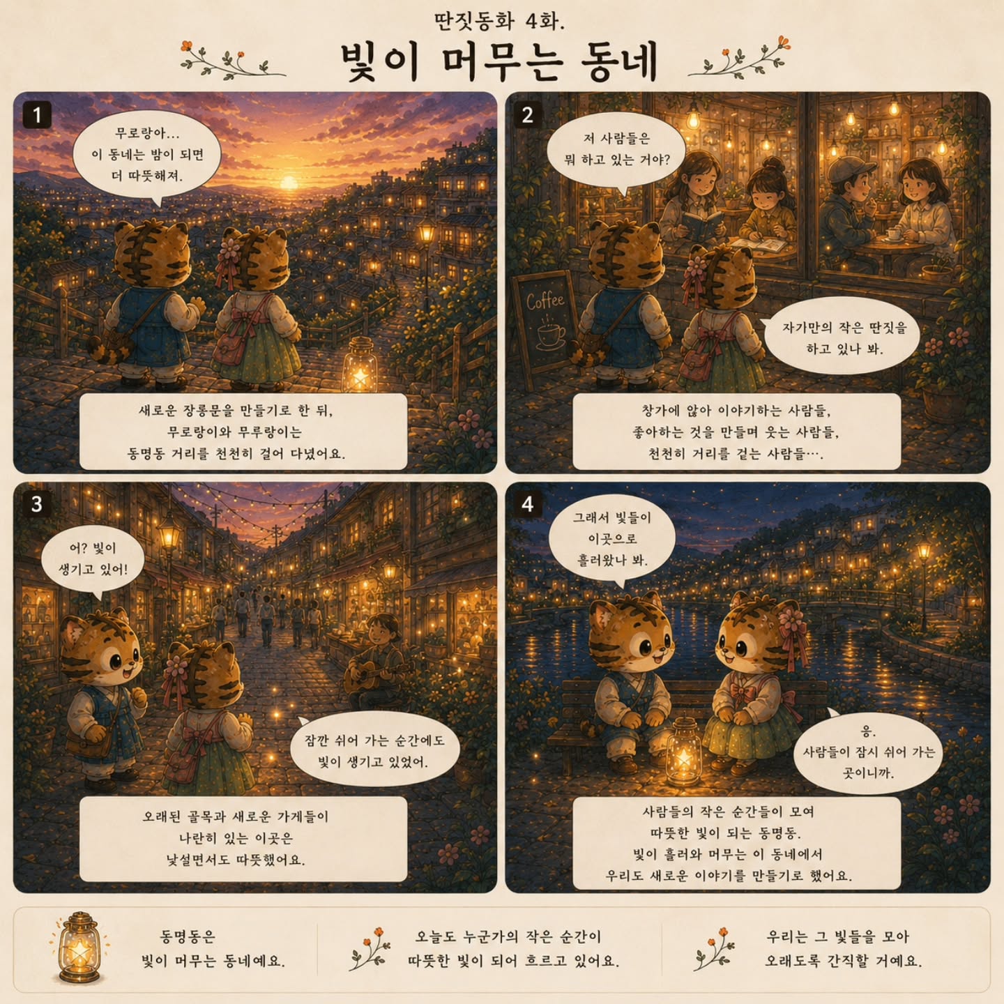 무로랑이와 무루랑이는무등산에서 내려온 작은 빛들을 따라동명동 골목을 걷기 시작했습니다.신기하게도 빛들은빠르게