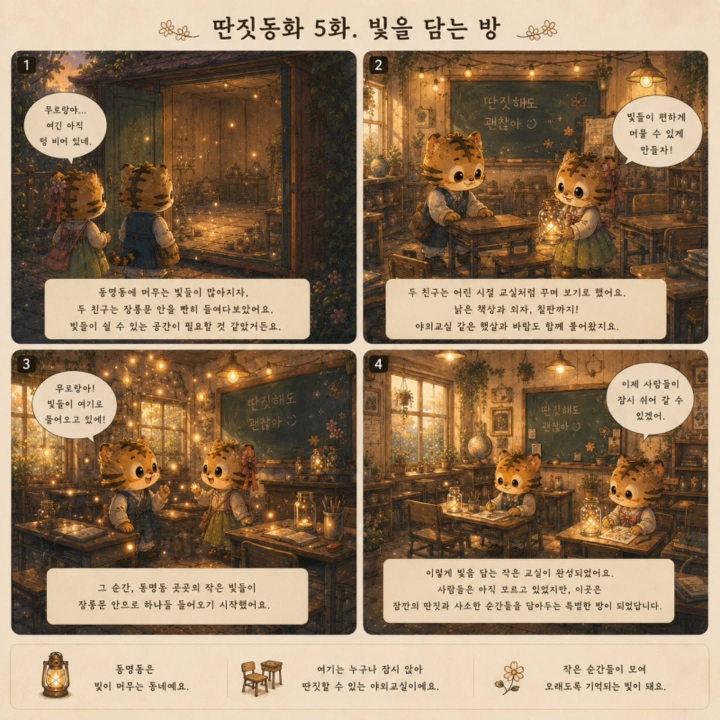✨ 딴짓동화 5화. 빛을 담는 방동명동에 머무는 작은 빛들이 많아지자,무로랑이와 무루랑이는 장롱문 안을 다시
